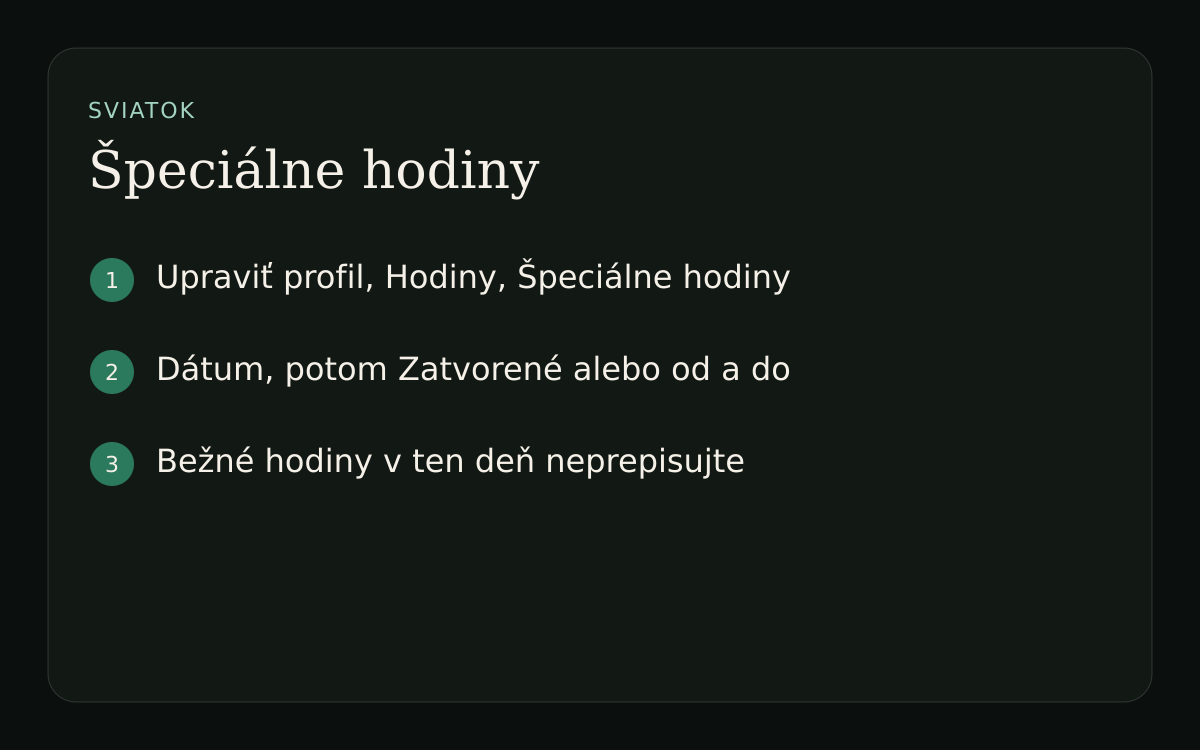Schéma: Upraviť profil, Hodiny, Špeciálne hodiny, potom deň a Zatvorené alebo hodiny od do.