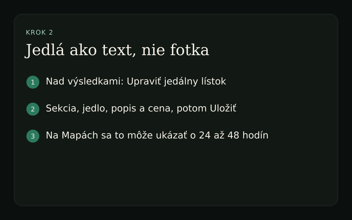 Schéma: Upraviť jedálny lístok, pridať sekciu, jedlo, popis a cenu a uložiť.