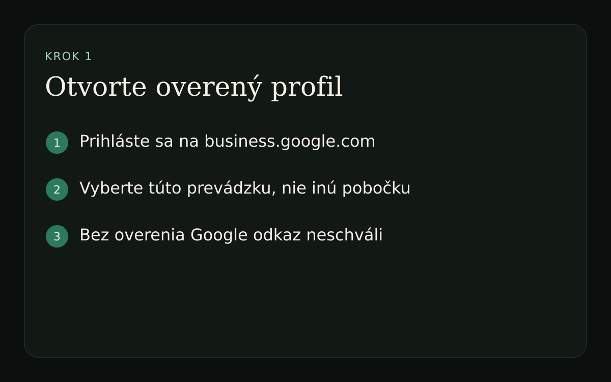 Schéma: otvorte overený Profil firmy na business.google.com a vyberte túto prevádzku.