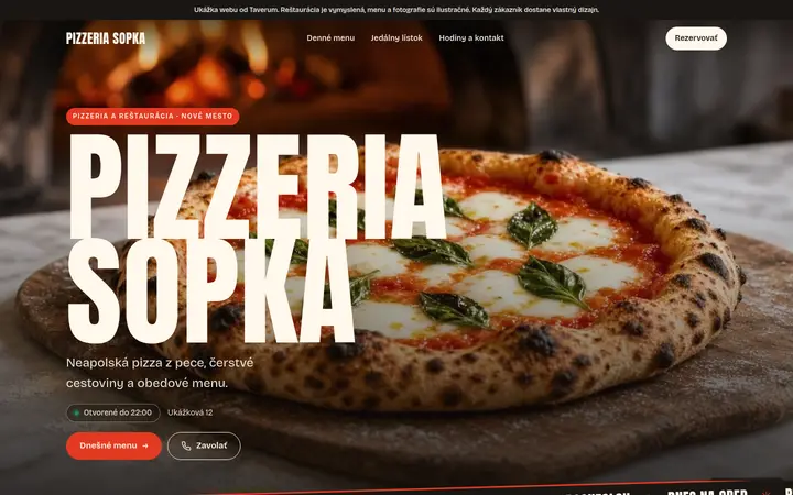 Ukážka webu na počítači: úvodná stránka vymyslenej reštaurácie Pizzeria Sopka