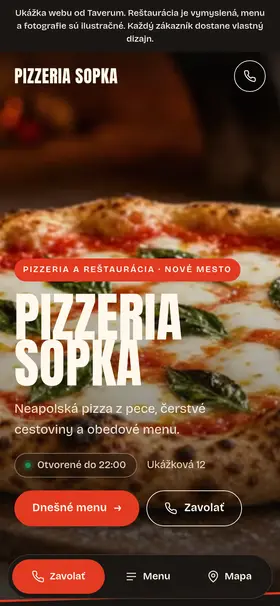 Ukážka webu vymyslenej reštaurácie Pizzeria Sopka na mobile
