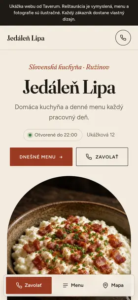 Ukážka webu vymyslenej reštaurácie Jedáleň Lipa na mobile
