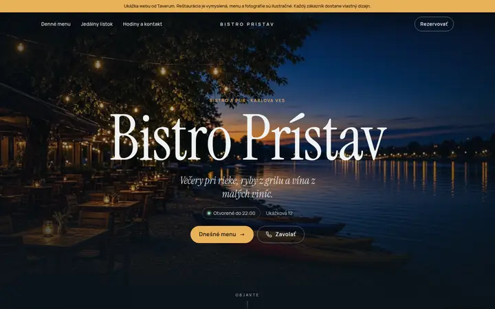 Ukážka webu na počítači: úvodná stránka vymyslenej reštaurácie Bistro Prístav