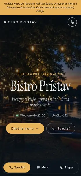 Ukážka webu vymyslenej reštaurácie Bistro Prístav na mobile