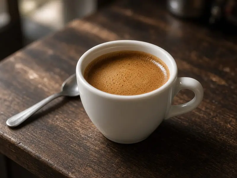 Espresso v bielej porcelánovej šálke na drevenom pulte