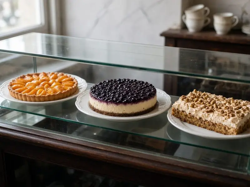 Sklenená vitrína s marhuľovým koláčom, cheesecakeom s čiernymi ríbezľami a orechovým rezom