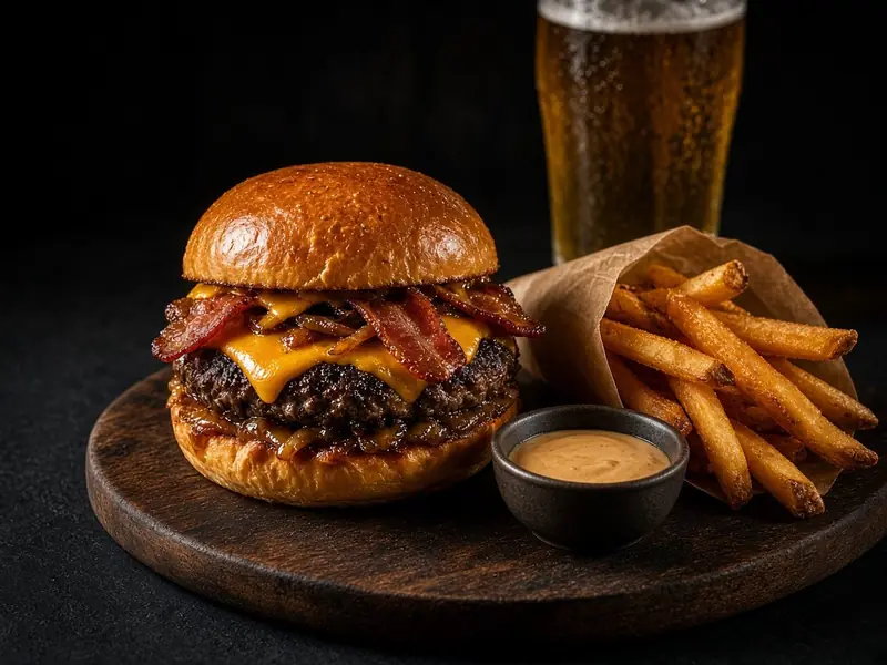Hovädzí burger s čedarom, hranolky a remeselné pivo