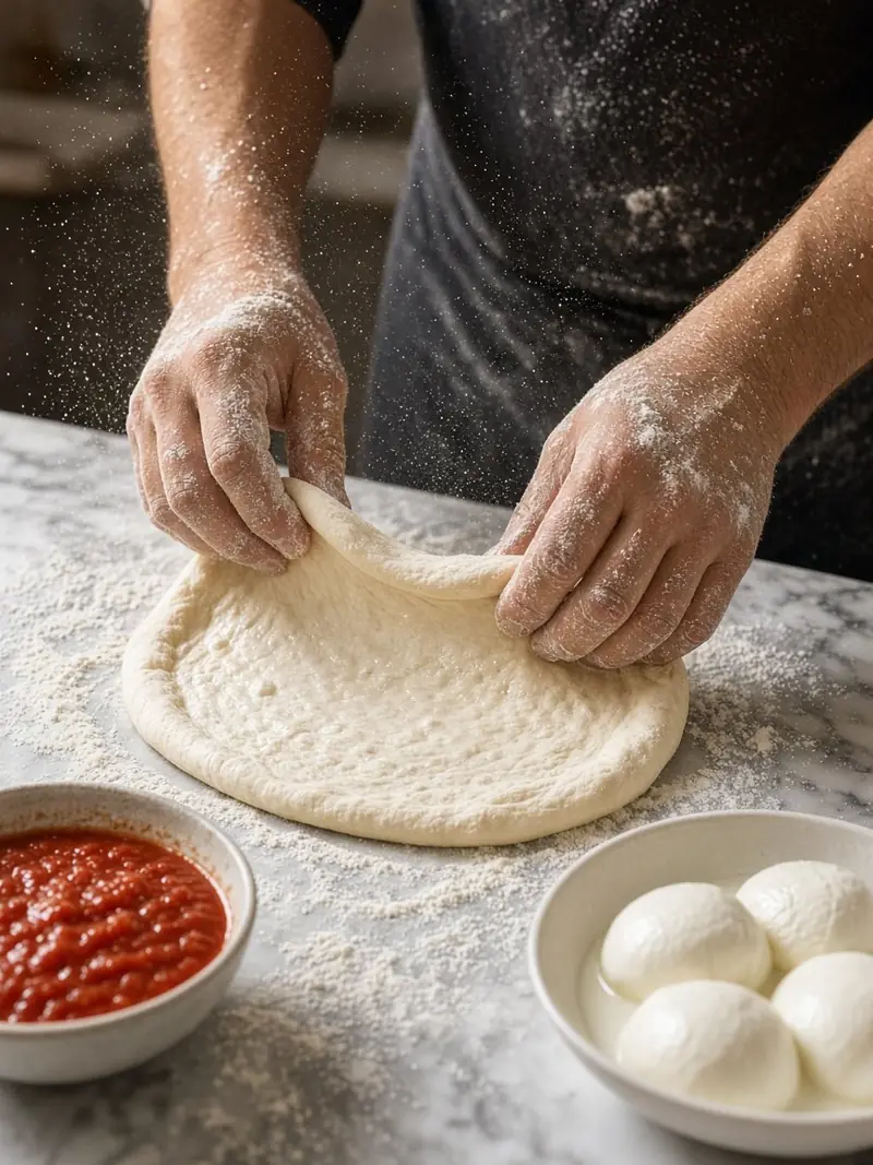 Ruky pizzaiola naťahujú cesto na mramorovej doske