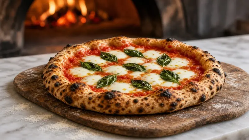 Pizza margherita s bazalkou na drevenej lopate pred pecou