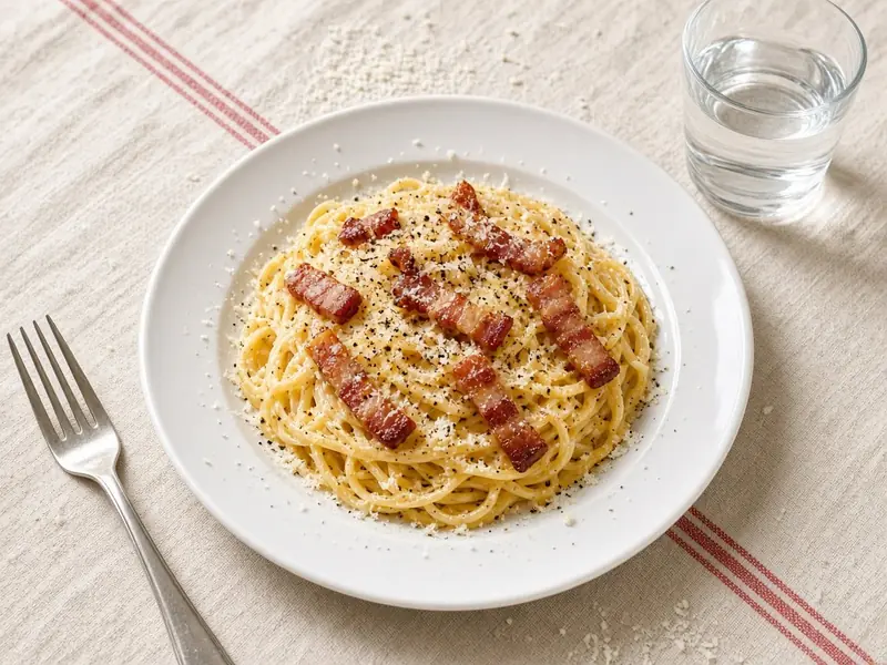 Spaghetti carbonara na bielom tanieri